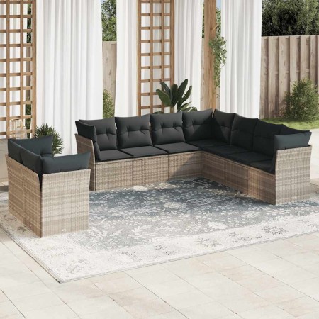 Set muebles jardín 9 pzas y cojines ratán sintético gris claro en Conjuntos de jardín | Comprar online en Foru.es