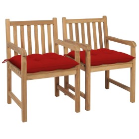 Sillas de jardín 2 uds madera maciza de teca con cojines rojos de , Sillas de jardín - Ref: Foro24-3062751, Precio: 314,58 €,...