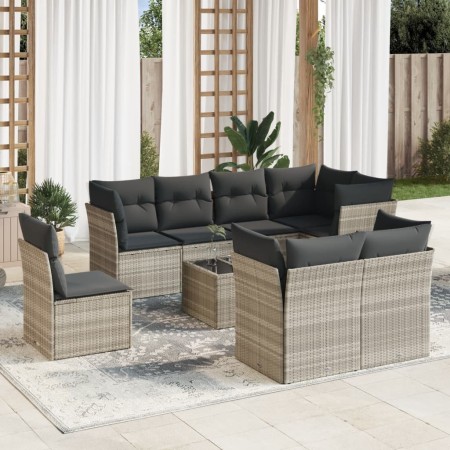 Set muebles jardín 9 pzas y cojines ratán sintético gris claro en Conjuntos de jardín | Comprar online en Foru.es