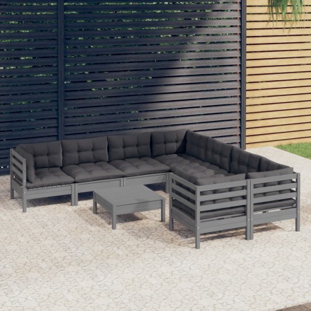 Muebles de jardín 9 pzas y cojines gris madera de pino de , Conjuntos de jardín - Ref: Foro24-3096979, Precio: 788,38 €, Desc...