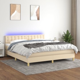 Cama box spring con colchón y LED tela crema 180x200 cm de , Camas y somieres - Ref: Foro24-3134058, Precio: 590,58 €, Descue...