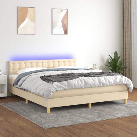Cama box spring con colchón y LED tela crema 180x200 cm de , Camas y somieres - Ref: Foro24-3134058, Precio: 590,58 €, Descue...