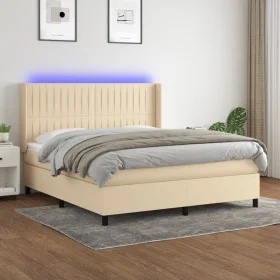 Cama box spring colchón y luces LED tela crema 180x200 cm de , Camas y somieres - Ref: Foro24-3138498, Precio: 648,69 €, Desc...