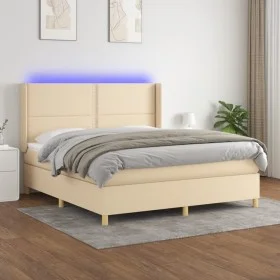 Cama box spring colchón y luces LED tela crema 180x200 cm de , Camas y somieres - Ref: Foro24-3138818, Precio: 630,03 €, Desc...