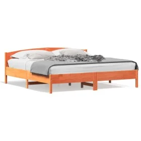 Estructura cama con cabecero madera pino marrón cera 200x200 cm de , Camas y somieres - Ref: Foro24-3216190, Precio: 230,12 €...
