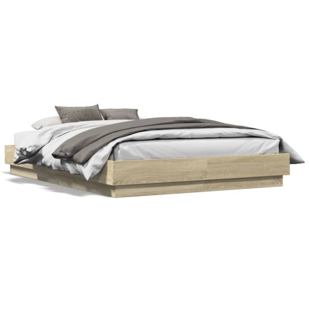 Estructura de cama con luces LED roble Sonoma 135x190 cm de , Camas y somieres - Ref: Foro24-3209816, Precio: 139,00 €, Descu...