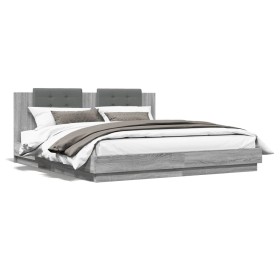 Estructura de cama cabecero luces LED gris Sonoma 160x200 cm de , Camas y somieres - Ref: Foro24-3210001, Precio: 222,91 €, D...