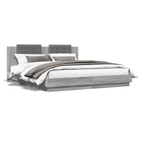 Sonoma gray engineered wood bed with headboard 200x200 cm by , Beds and slatted bases - Ref: Foro24-3209896, Price: 248,92 €,...