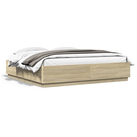 Estructura de cama con luces LED madera roble Sonoma 200x200 cm de , Camas y somieres - Ref: Foro24-3209585, Precio: 189,76 €...