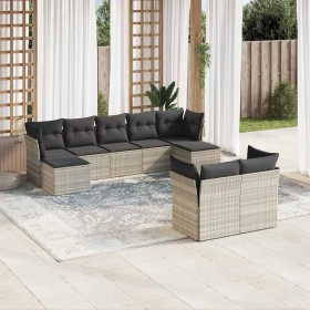 Set muebles jardín 9 pzas y cojines ratán sintético gris claro en Conjuntos de jardín | Comprar online en Foru.es
