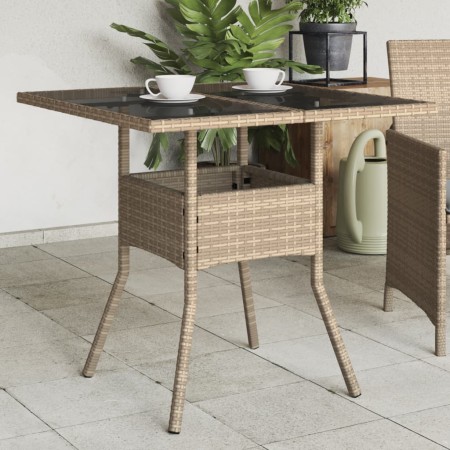 Mesa de jardín superficie de vidrio ratán PE beige 80x80x75 cm de , Mesas de jardín - Ref: Foro24-365523, Precio: 85,40 €, De...