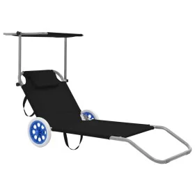 Folding sun lounger with awning and black steel wheels by , Loungers - Ref: Foro24-44323, Price: 65,78 €, Discount: %
