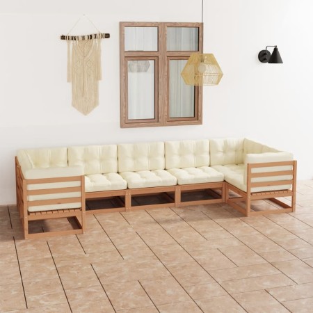 Set de muebles de jardín 7 pzs cojines madera pino marrón miel de , Conjuntos de jardín - Ref: Foro24-3077307, Precio: 781,43...