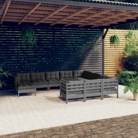 Muebles de jardín 11 pzas y cojines gris madera de pino de , Conjuntos de jardín - Ref: Foro24-3097045, Precio: 937,02 €, Des...