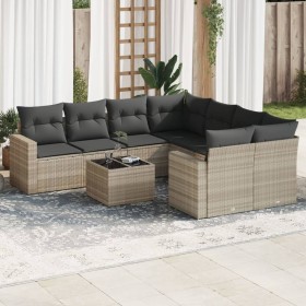 Set muebles jardín 9 pzas y cojines ratán sintético gris claro en Conjuntos de jardín | Comprar online en Foru.es