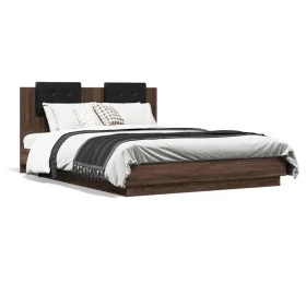 Oak brown headboard bed frame and LED lights 150x200 cm by , Beds and slatted bases - Ref: Foro24-3210009, Price: 201,62 €, D...