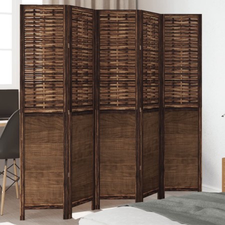 Biombo separador de 5 paneles madera paulownia marrón oscuro de , Divisores de ambientes - Ref: Foro24-358710, Precio: 144,45...