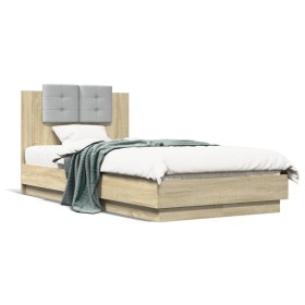 Estructura de cama cabecero luces LED roble Sonoma 75x190 cm de , Camas y somieres - Ref: Foro24-3210068, Precio: 156,51 €, D...