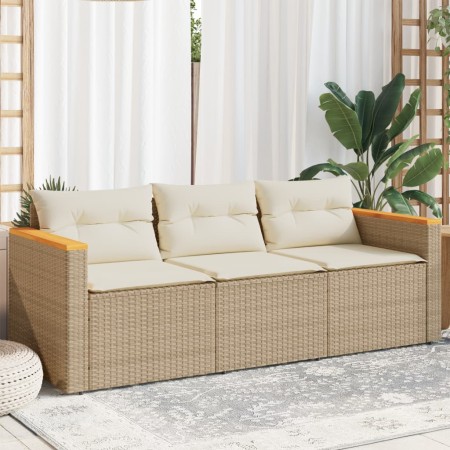 Sofá de jardín de 3 plazas con cojines ratán sintético beige de , Sofás de exterior - Ref: Foro24-365831, Precio: 212,45 €, D...
