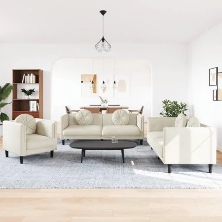 Cream velvet 3-piece sofa set with cushions by , Sofas - Ref: Foro24-3209254, Price: 770,84 €, Discount: %