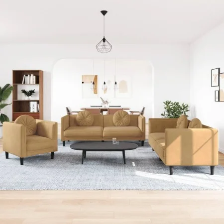 Brown velvet 3-piece sofa set with cushions by , Sofas - Ref: Foro24-3209256, Price: 753,31 €, Discount: %