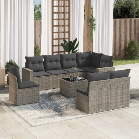 Set de muebles de jardín 9 pzas y cojines ratán sintético gris en Conjuntos de jardín | Comprar online en Foru.es