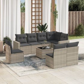 Set muebles jardín 9 pzas y cojines ratán sintético gris claro en Conjuntos de jardín | Comprar online en Foru.es