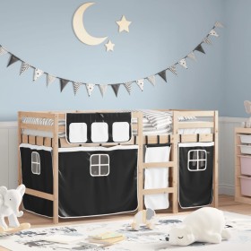 Cama alta niños con cortinas madera pino blanco negro 90x190 cm de , Camas y somieres - Ref: Foro24-3283826, Precio: 169,76 €...