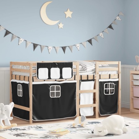 Cama alta niños con cortinas madera pino blanco negro 90x190 cm de , Camas y somieres - Ref: Foro24-3283826, Precio: 169,76 €...