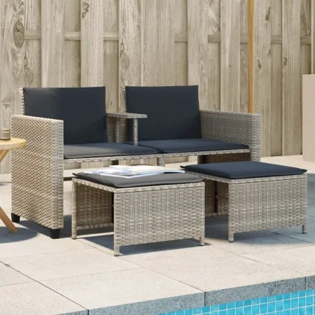 Sofá jardín 2 plazas con mesa y taburetes ratán PE gris claro de , Conjuntos de jardín - Ref: Foro24-368421, Precio: 221,09 €...