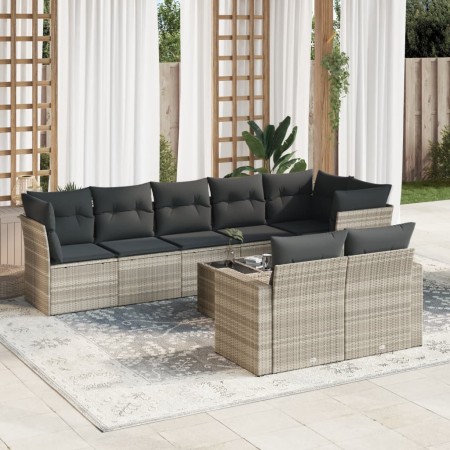 Set muebles jardín 9 pzas y cojines ratán sintético gris claro en Conjuntos de jardín | Comprar online en Foru.es