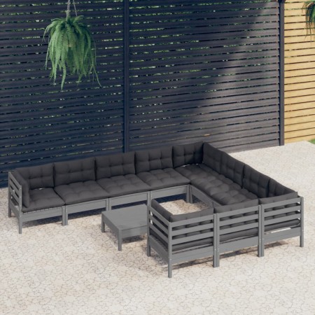 Muebles de jardín 11 pzas y cojines gris madera de pino de , Conjuntos de jardín - Ref: Foro24-3097003, Precio: 909,69 €, Des...