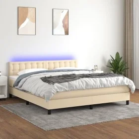 Cama box spring colchón y luces LED tela crema 160x200 cm de , Camas y somieres - Ref: Foro24-3133490, Precio: 506,12 €, Desc...
