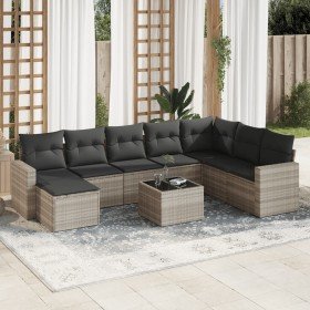 Set muebles jardín 9 pzas y cojines ratán sintético gris claro en Conjuntos de jardín | Comprar online en Foru.es