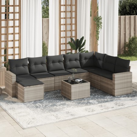 Set muebles jardín 9 pzas y cojines ratán sintético gris claro en Conjuntos de jardín | Comprar online en Foru.es