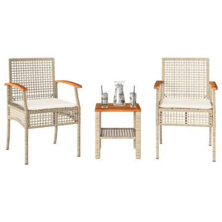 Mesita y sillas con cojines 3 pzas ratán PE madera acacia beige de , Conjuntos de jardín - Ref: Foro24-366261, Precio: 145,10...