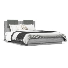 Estructura cama con cabecero luces LED gris Sonoma 135x190 cm de , Camas y somieres - Ref: Foro24-3210050, Precio: 190,27 €, ...