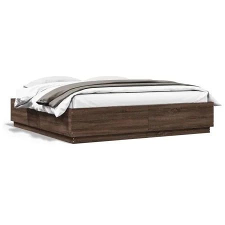 Estructura de cama con luces LED madera roble marrón 200x200 cm de , Camas y somieres - Ref: Foro24-3209589, Precio: 190,97 €...