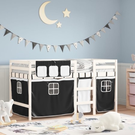 Cama alta niños con cortinas madera pino blanco negro 90x190 cm de vidaXL, Camas y somieres - Ref: Foro24-3283829, Precio: 20...