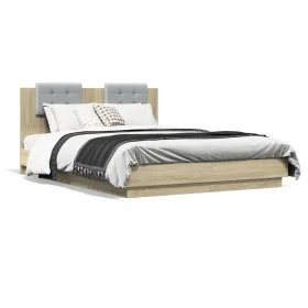 Bed frame with LED lights headboard Sonoma oak 150x200 cm by vidaXL, Beds and slatted bases - Ref: Foro24-3210005, Price: 193...