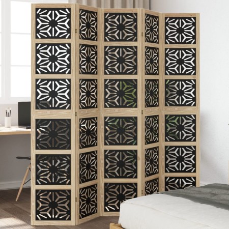 Biombo separador 5 paneles madera maciza Paulownia marrón negro de vidaXL, Divisores de ambientes - Ref: Foro24-358807, Preci...