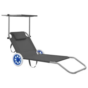 Tumbona plegable con toldo y ruedas acero gris de vidaXL, Tumbonas - Ref: Foro24-44325, Precio: 64,12 €, Descuento: %