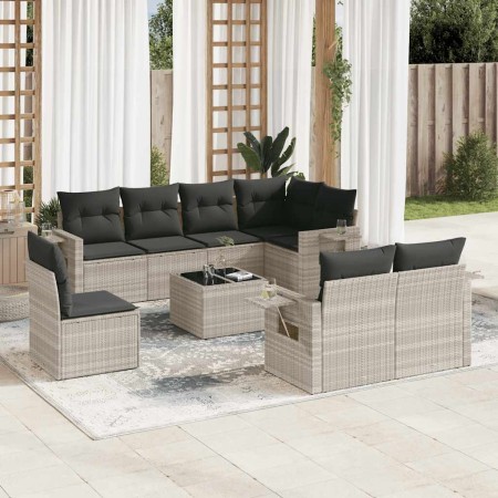 Set muebles jardín 9 pzas y cojines ratán sintético gris claro en Conjuntos de jardín | Comprar online en Foru.es