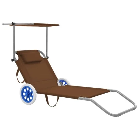 Tumbona plegable con toldo y ruedas acero gris taupé de vidaXL, Tumbonas - Ref: Foro24-44326, Precio: 63,59 €, Descuento: %