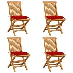 Sillas de jardín 4 uds con cojines rojos madera de teca de vidaXL, Sillas de jardín - Ref: Foro24-3062589, Precio: 246,56 €, ...