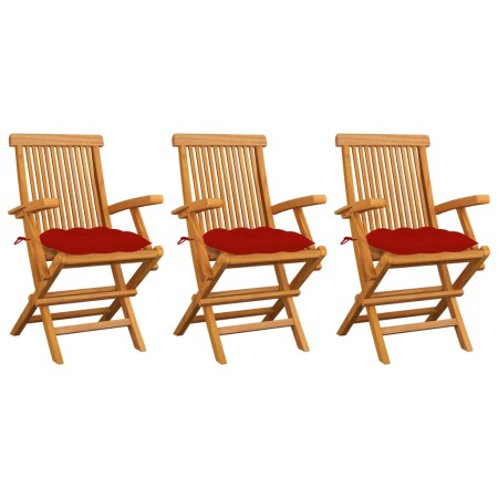 Sillas de jardín 3 uds madera maciza de teca con cojines rojos de vidaXL, Sillas de jardín - Ref: Foro24-3062535, Precio: 238...