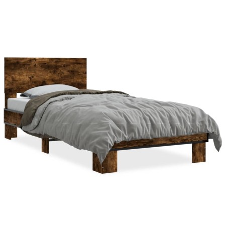 Estructura cama madera ingeniería metal roble ahumado 90x190 cm de vidaXL, Camas y somieres - Ref: Foro24-845819, Precio: 89,...