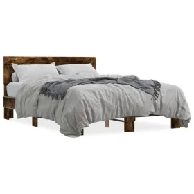 Engineered wood bed frame metal smoked oak 135x190cm by vidaXL, Beds and slatted bases - Ref: Foro24-3280209, Price: 142,79 €...