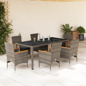 Set comedor jardín 7 pzas y cojines ratán sintético vidrio gris de vidaXL, Conjuntos de jardín - Ref: Foro24-3278655, Precio:...