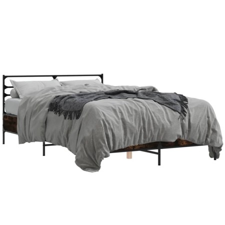Estructura cama madera ingeniería metal roble ahumado 135x190cm de vidaXL, Camas y somieres - Ref: Foro24-3280074, Precio: 13...